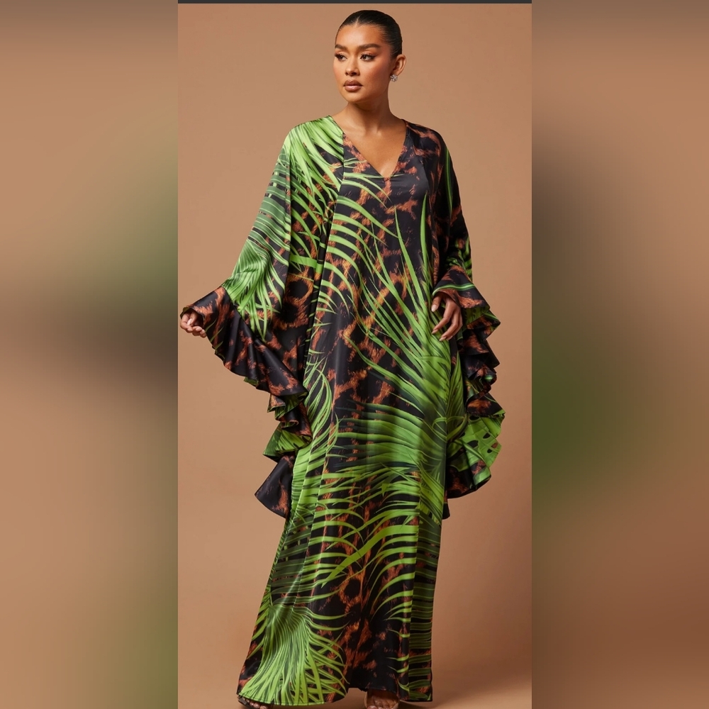 Satin Kaftan Safari Print Maxi Dress